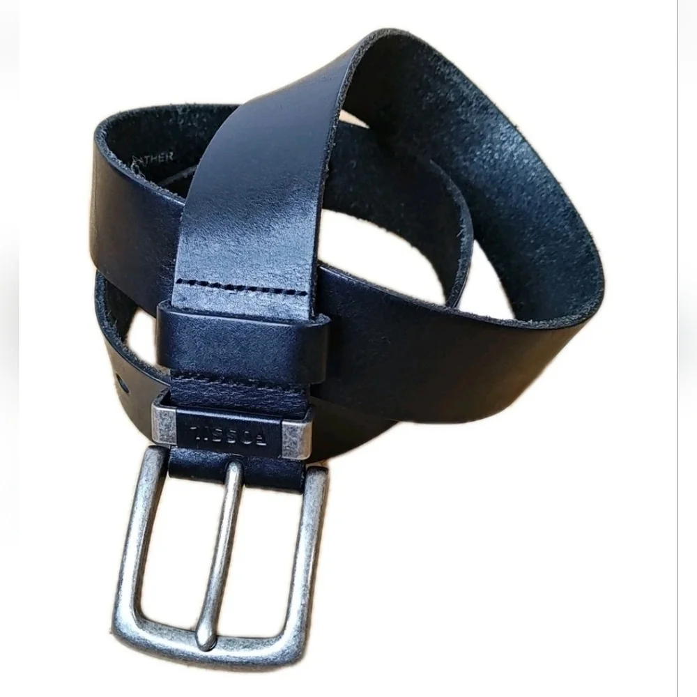 Fossil Black Genuine Leather Belt Adult Sz 36 Silver Square Buckle W1.5